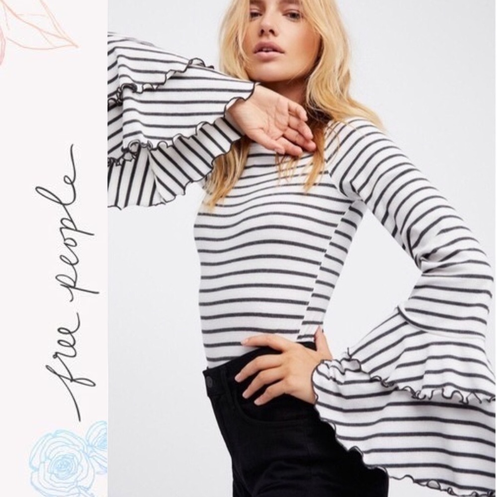 Free People Black and White Striped Long Sleeve Top